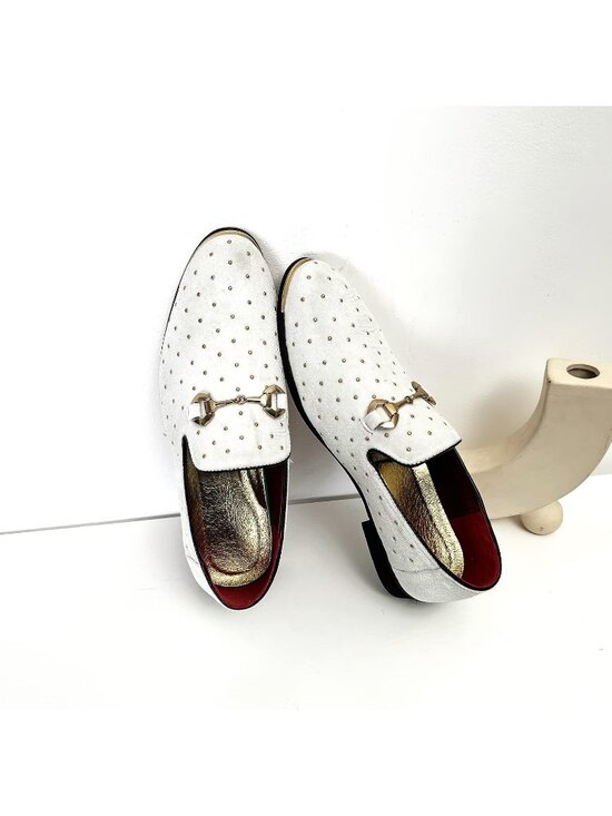 Men\'s White Suede Leather Loafers Gold Rivet Buckle Slip On Party Dress Shoes